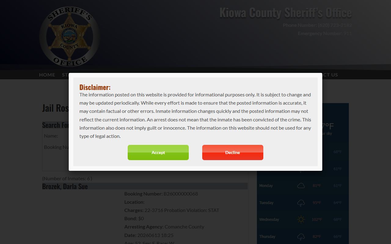 Kiowa County jail roster inmate search and current inmate population